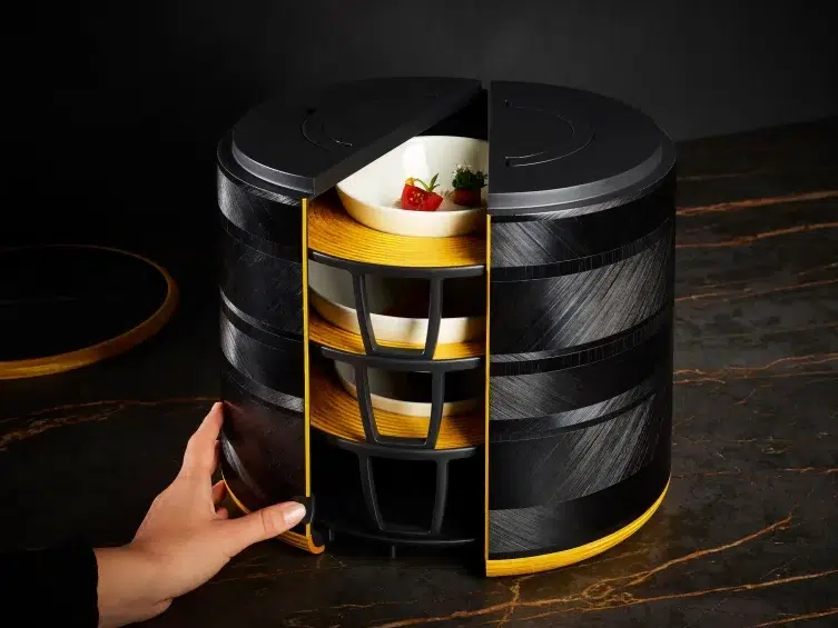 Lunch box Take Away imprimée 3D en résine PLA et habillée de marqueterie de paille